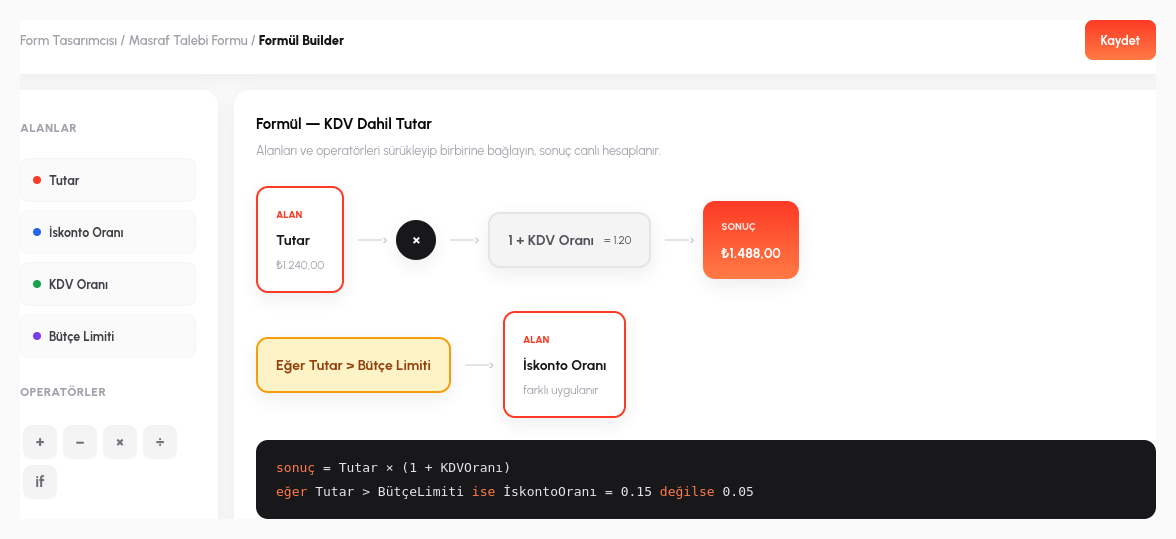 Görsel formül builder — bir formül kurulmuş hâlde