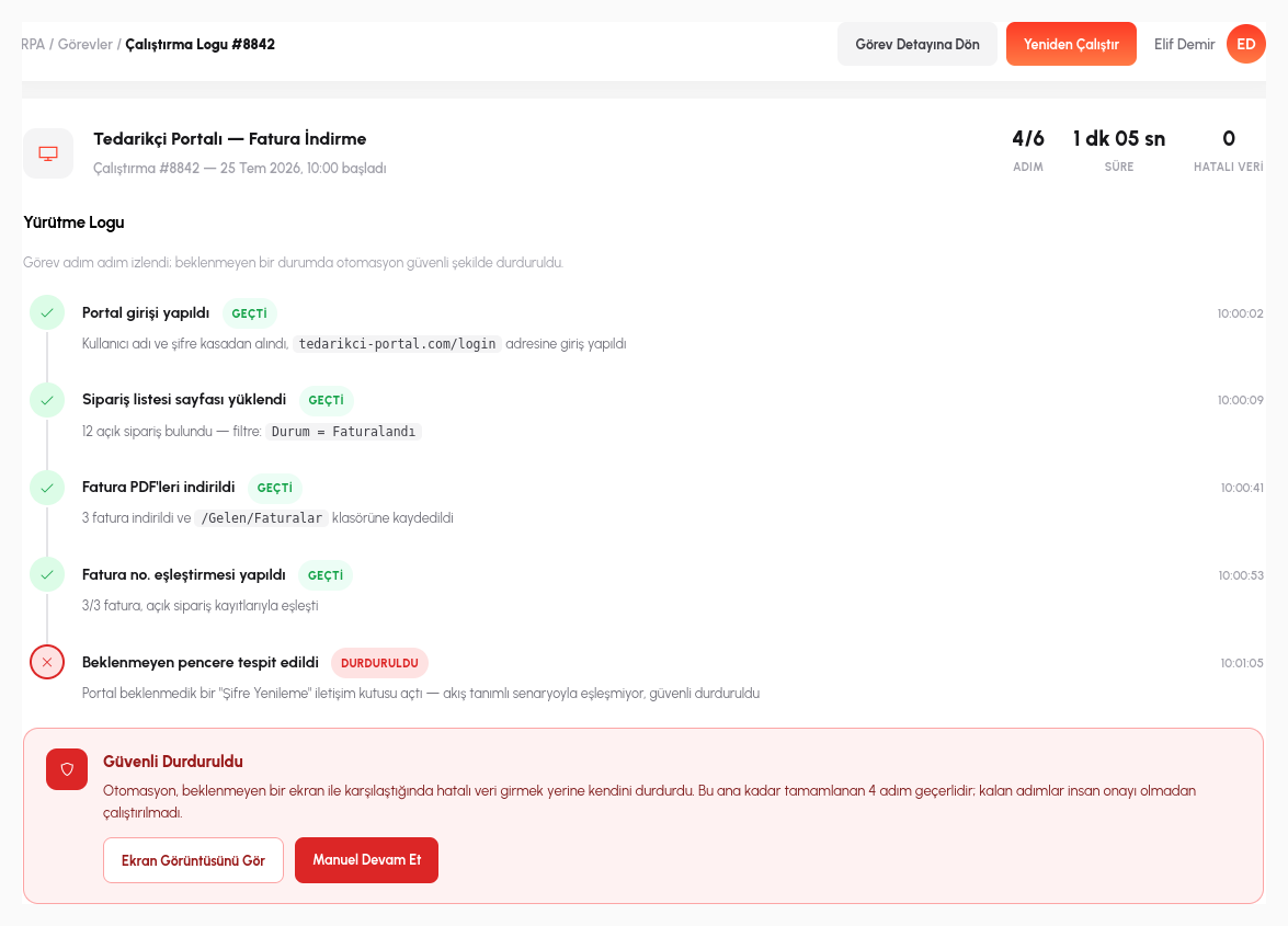 RPA — çalıştırma logu ekranı